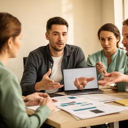 Consulente organizzativo uomo in una piccola azienda mentre discute un piano con il team